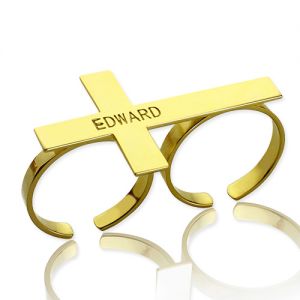 Engraved Name Two-Finger Cross Ring 18k Gold Plated