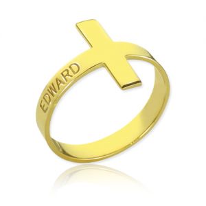 Engraved Name Cross Ring 18k Gold Plated