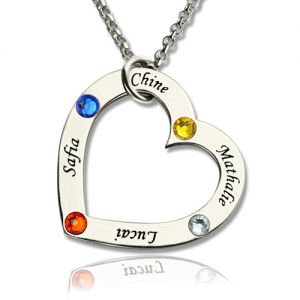 Mother's Heart Necklace with 4 Names & Birthstones Sterling Silver