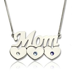 Mother Necklace With Children Hearts Birthstone Silver
