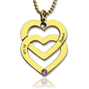 2 Hearts Birthstone Love Necklace for Her 18k Gold Plated