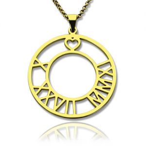 18K Gold Plated Roman Numeral Disc Heart Necklace