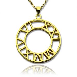 Double-Circle Roman Numeral Necklace Clock Design Gold Plated Silver