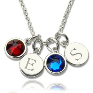 Customized Double Initial Charm Birthstones Necklace In Sterling Silver