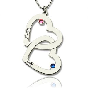 Double Heart Mother's Day Name Necklace with Birthstones