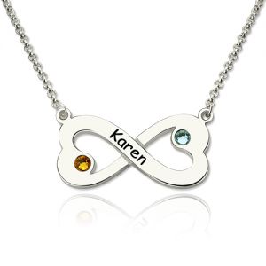 Engraved Silver Infinity Heart Necklace with Birthstone