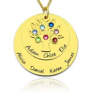 Personalized Disc Family Tree Necklace With Birthstones In Gold