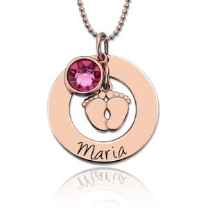 Personalized Baby Feet&Birthstone Necklace for New Mom In Rose Gold