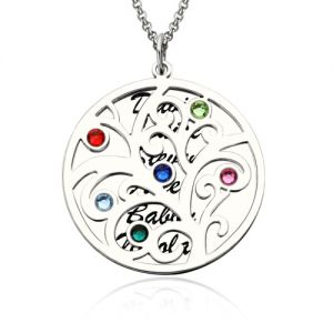 Family Tree Pendant Necklace With Birthstone Silver