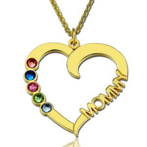 Birthstone Heart Necklace with Name Gold Plated Silver