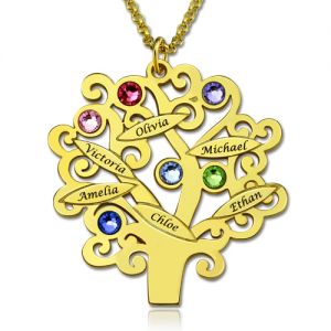Engraved Family Tree Name Necklace with Birthstones In Gold