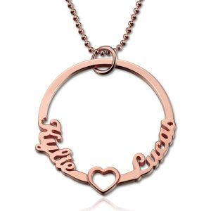 Personalized Circle 2 Names Necklace with Heart In Rose Gold