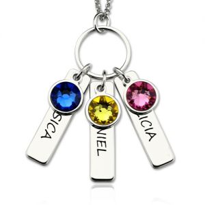 Engraved Id Bar Necklace with Birthstones Sterling Silver