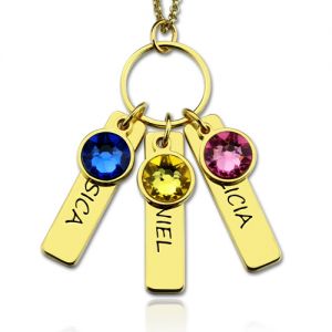 Engraved 3 Kids Bar Gold Necklace with Birthstones for Mothers
