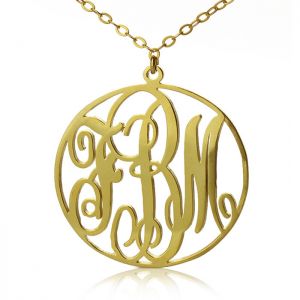 Solid Gold Vine Font Circle Initial Monogram Necklace - 10K/14K/18k