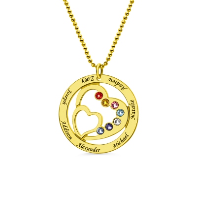 Circle Family Heart in Heart Birthstone Name Necklace Gold Plated