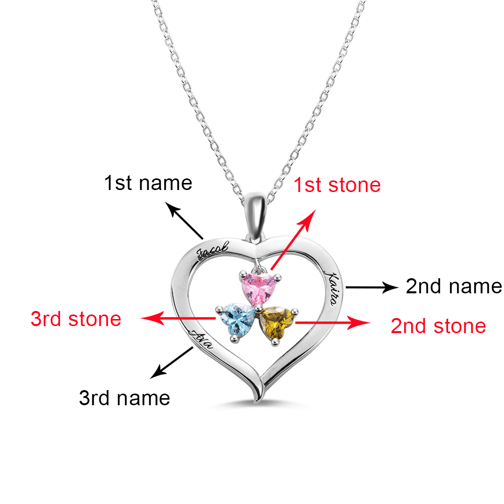 Personalized Heart Birthstone Necklace with Engraving in Silver