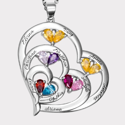Custom 10 Heart-shaped Birthstones & Names Family Necklace