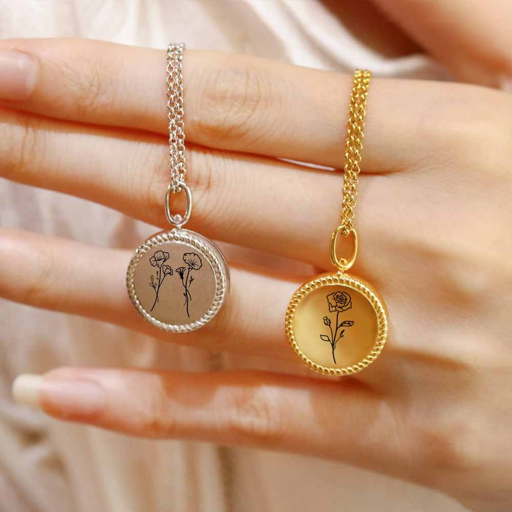 Personalized Birth Flower Photo Locket Necklace Memorial Birthflower Round Pendant Necklace Gift for Woman/Mom/Lover/Her