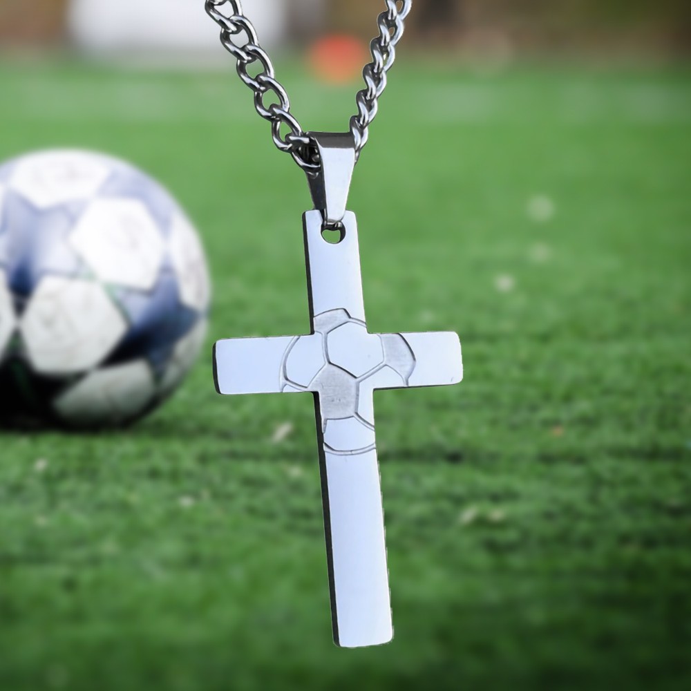 Sport Cross Necklace with Engraved Baseball Basketball Volleyball Soccer Pendants Necklace, Jewelry Gift for Athletes/Coach/Teammate 