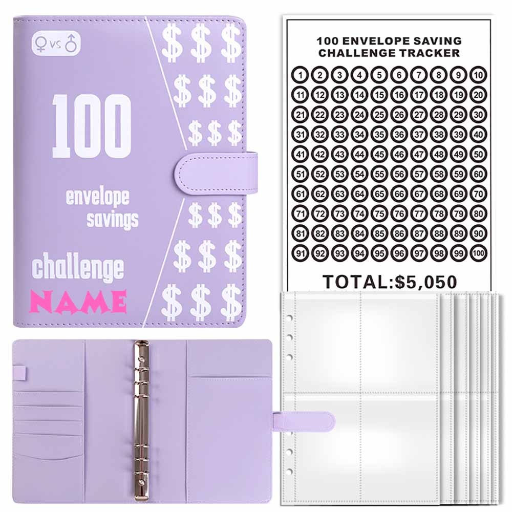 Personalized 100 Envelope Saving Challenge, Custom Money Savings Binder with Name, Budget Book with Cash Envelopes, Gift for Couple/Family/Friend