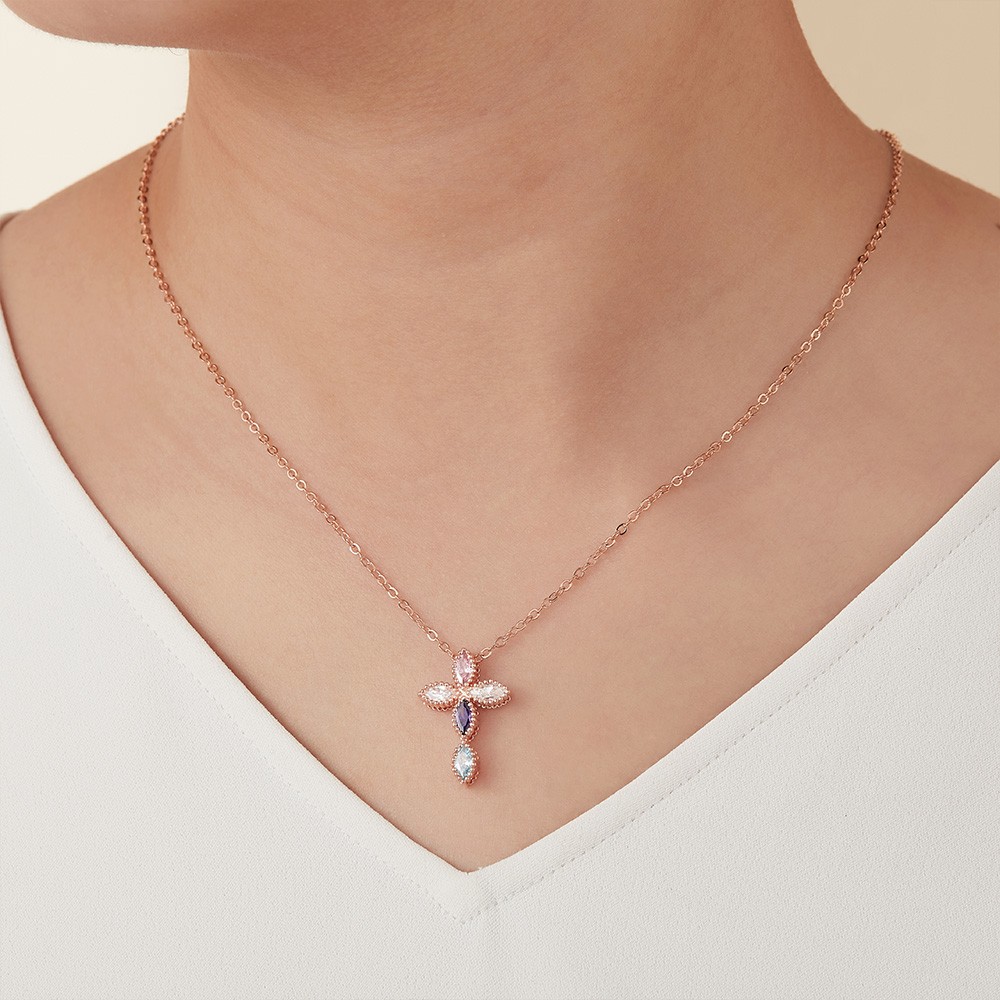 Personalisierte Geburtsstein-Kreuz-Halskette, Sterling-Silber-Kreuz-Halskette für Frauen, Geburtsstein-Schmuck, Tauf-/Erstkommunion-Geschenk für Sie