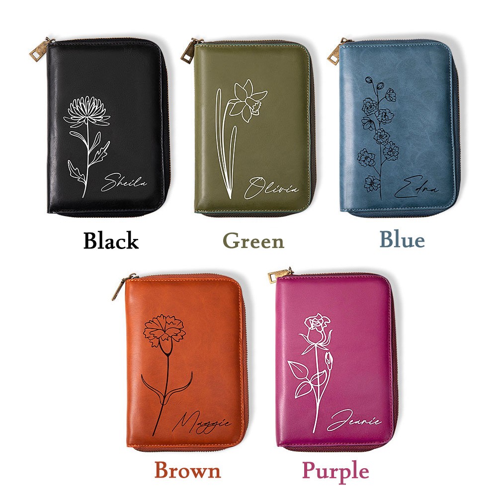 Personalized Birth Flower Leather Travel Journal Organizer, Padfolio with Pencil Holder, Notepad with Zipper Lock, Planner Case, A6 Notebook Cover