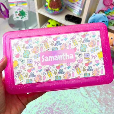 Pink Glitter Pencil Box with Personalized Holographic Name Sticker, Cute Pencil Box, Pencil Box Stickers, School Supplies, Glitter Pencil Box
