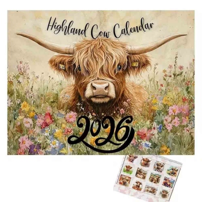 Highland Cow 12 Months Calendar 2026, Watercolor Monthly Wall Calendar, Home Decor, Birthday/Christmas Gift for Highland Cow Lovers/Farmers/Family