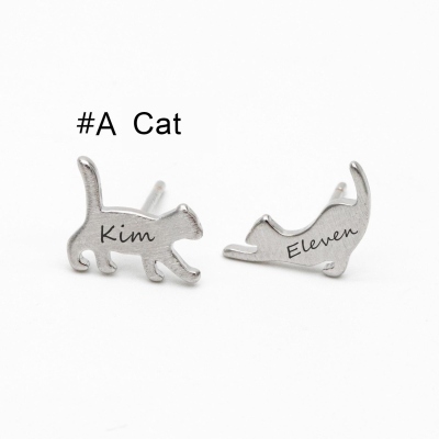 Personalized Cat/Dog Asymmetry Earrings with Double Names, Sterling Silver 925 Cute Cat/Dog Stud Earrings, Birthday/Christmas Gift for Her/Cat & Dog Lovers/Owners