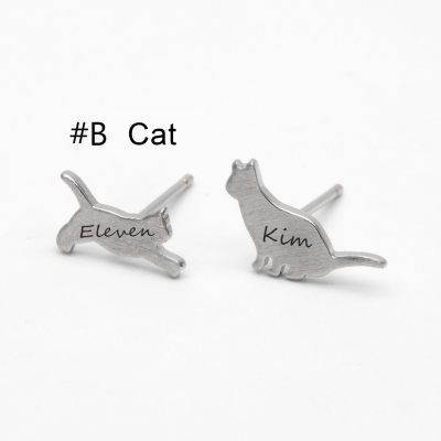 Personalized Cat/Dog Asymmetry Earrings with Double Names, Sterling Silver 925 Cute Cat/Dog Stud Earrings, Birthday/Christmas Gift for Her/Cat & Dog Lovers/Owners