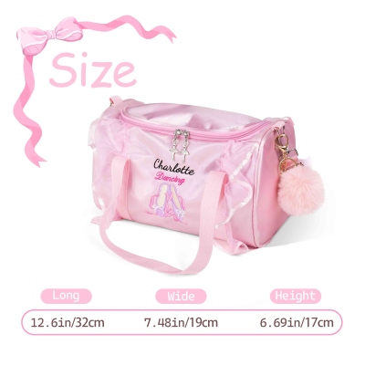Personalized Name Embroidered Ballet Shoes Girl's Dance Bag with Pink Lace & Pom Pom Charm, Birthday/Christmas Gift for Little Ballerinas/Dance Lovers