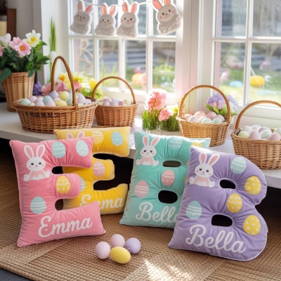 Personlig kudde med påskhare och ägg med namn, mjuk 3D-alfabetskudde för våren, barnrumsdekor, påsk-/födelsedagspresent för barn/pojkar/flickor