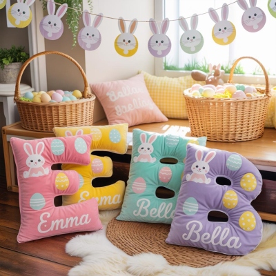 Personlig kudde med påskhare och ägg med namn, mjuk 3D-alfabetskudde för våren, barnrumsdekor, påsk-/födelsedagspresent för barn/pojkar/flickor