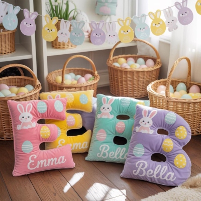 Personlig kudde med påskhare och ägg med namn, mjuk 3D-alfabetskudde för våren, barnrumsdekor, påsk-/födelsedagspresent för barn/pojkar/flickor