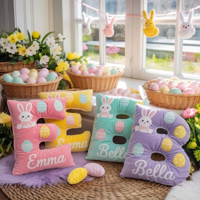 Personlig kudde med påskhare och ägg med namn, mjuk 3D-alfabetskudde för våren, barnrumsdekor, påsk-/födelsedagspresent för barn/pojkar/flickor