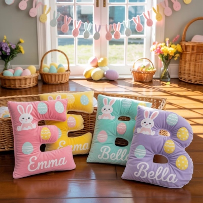 Personlig kudde med påskhare och ägg med namn, mjuk 3D-alfabetskudde för våren, barnrumsdekor, påsk-/födelsedagspresent för barn/pojkar/flickor