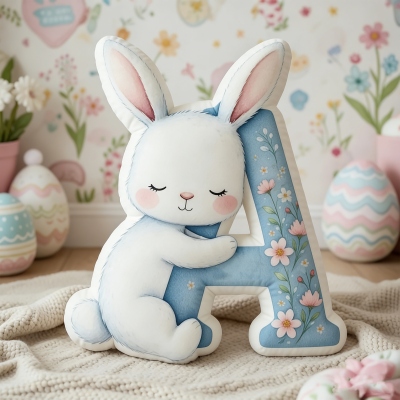 Personalized Hug Bunny Easter Letter Pillow with Name, Soft 3D Floral Rabbit Alphabet Cushion, Nursery Decor, Easter/Birthday Gift for Kids/Boys/Girls
