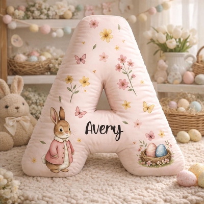 Personalized Easter Rabbit Letter Pillow with Name, Spring Floral Initial Cushion with Bunny, Nursery Decor, Easter/Birthday Gift for Kids/Boys/Girls