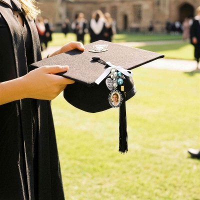 Personlig rosettpärla med tofs och fotoberlock med examen, hjärtberlock för examensmössa från klass 2026, minnes-/examenspresent till akademiker/familj/tonåringar