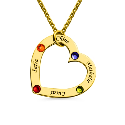 Gold Birthstone Heart Family Names Necklace For Mother