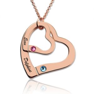 Engraved Double Hearts Necklace With Birthstones In Rose Gold