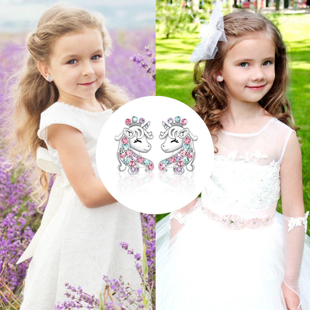 Orecchini A Clip Unicorno In Argento 925 – Colorati, Con Zirconi, Per Bambine E Ragazze, Ipoallergenici