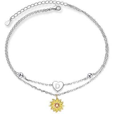 Sunflower Double Layer Anklets with Initial, 925 Sterling Silver Anklet with Zircon, Summer Style Anklet, Gift for Girlfriend/Daughter/Wife