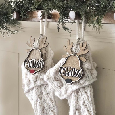 Personalized Christmas Decor Stockings Tags, Wooden Reindeer / Paw Ornaments for Hanging Stockings, Name Tags for Stocking Accessories Tree Decor