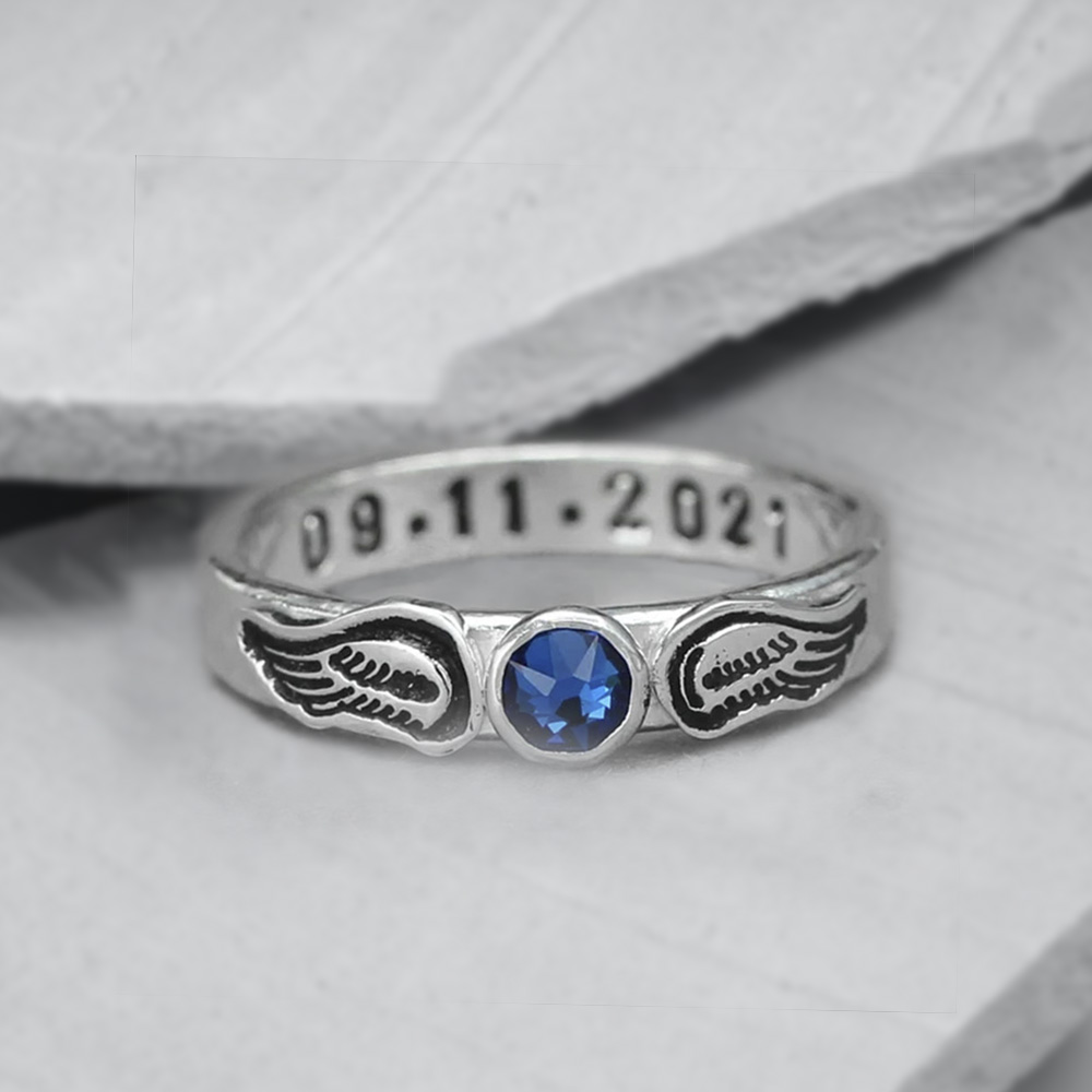 Custom Angel Wings Ring with Birthstone, Personalization Minimalist Jewelry Memory Ring, Brass