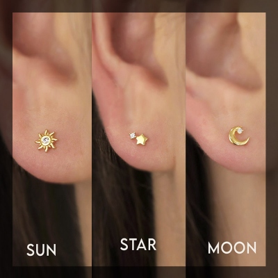 Dainty Celestial Earrings, Sun/Star/Moon Stud Earrings, Tragus Stud Earrings, Star Cartilage Studs, Helix Studs, Birthday/Anniversary Gifts for Her