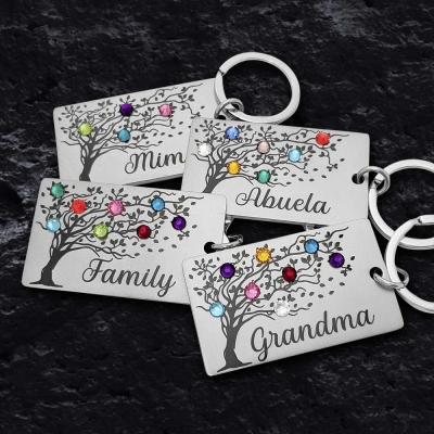 Custom Birthstones Family Tree Keychain, Stainless Steel/Sterling Silver 925 1-13 Birthstones Keychain, Gift for Mom/Grandma from Kids/Grandkids