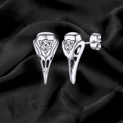 Viking Raven Skull Stud Earrings with Celtic Knot, Vintage Jewelry Thor's Hammer Studs Wolf Head Stud Earrings for Men/Women