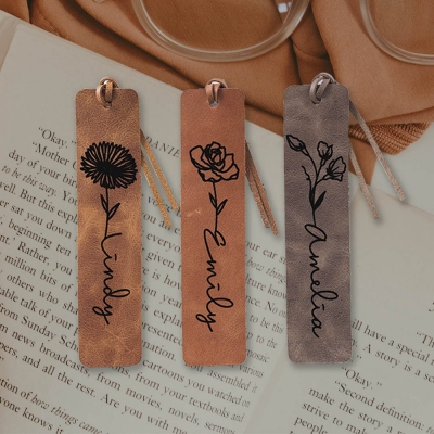 Custom Name Birth Month Flower Bookmark, Personalized Vegan Leather Floral Bookmark, Birthday/Best Friend/Graduation Gift for Sister/Friends/Lover